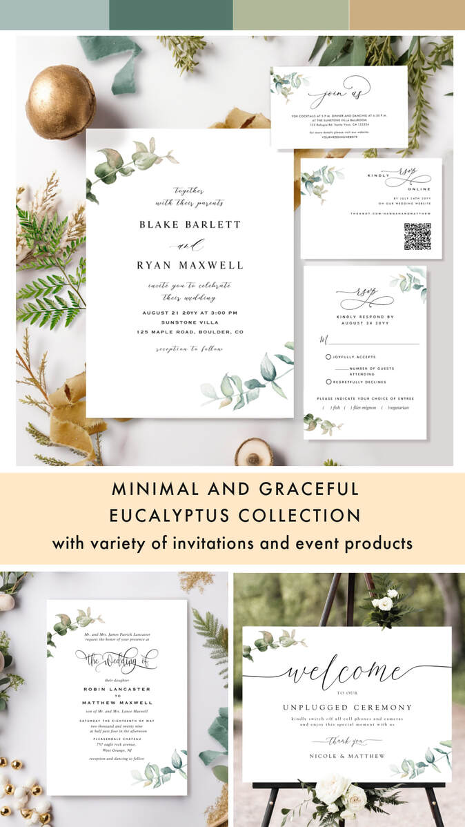 Minimal and Graceful Eucalyptus Wedding Collection with invitations and day-of-event products