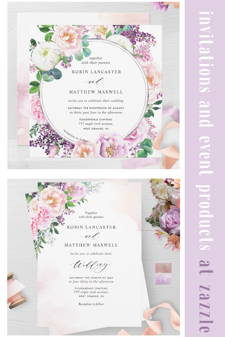 Lavender Purple, Peach and Mauve wedding Invitation suite