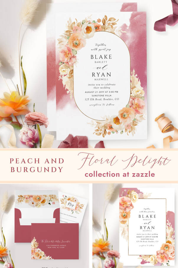 Elegant Peach, Cream, Pink Coral and Burgundy Wedding Suite Collection
