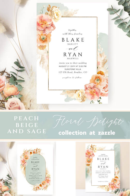 Elegant Peach, Coral and Sage Wedding Invitation