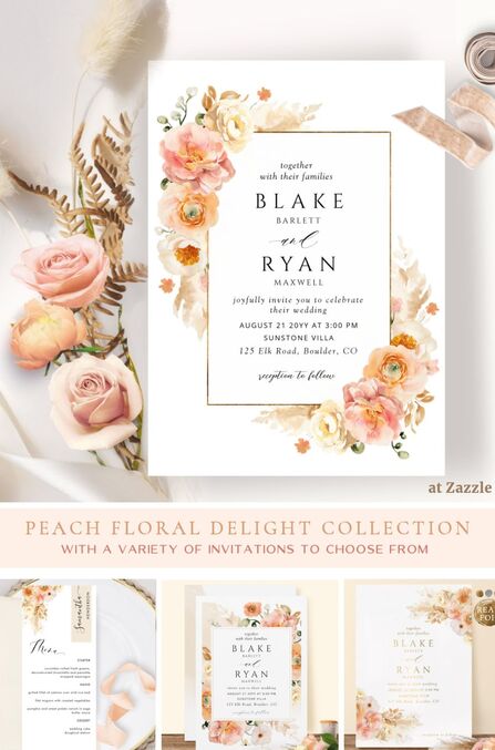 Elegant Peach and Cream Floral Wedding Invitation Suite collection