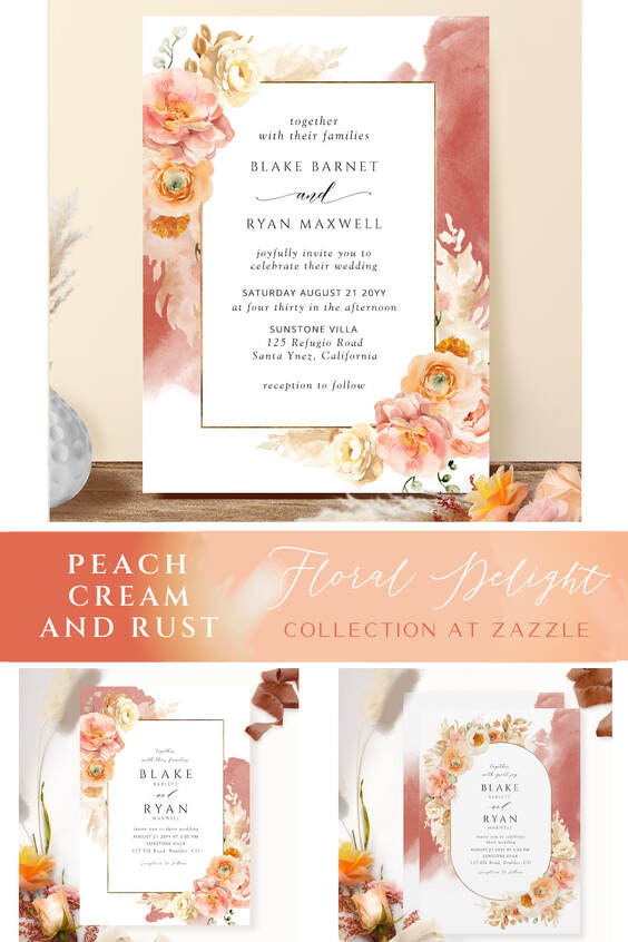 Elegant peach, cream, copper and rust wedding invitation suite