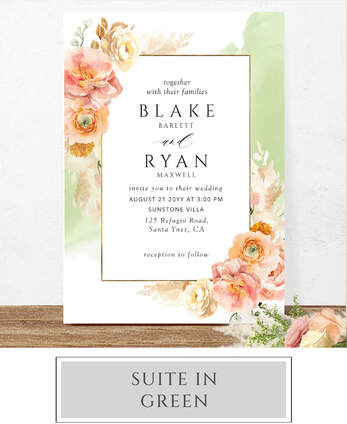 Elegant Peach and Green Wedding Invitation Suite