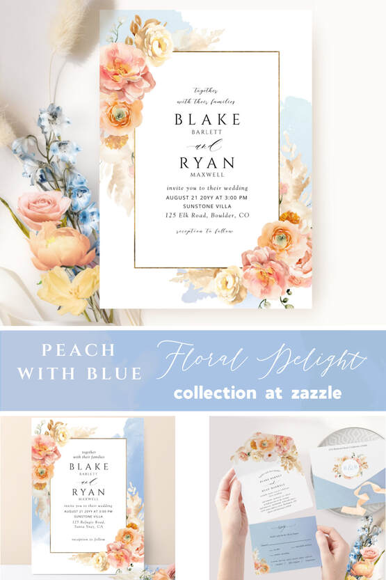 Elegant Peach and Blue Floral Wedding Invitation Suite