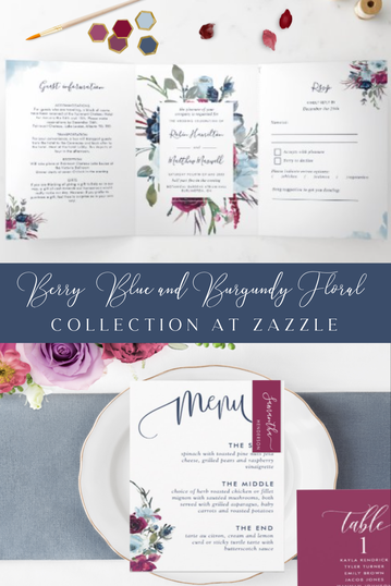 Berry, Blue and Burgundy Floral Wedding Invitation Suite
